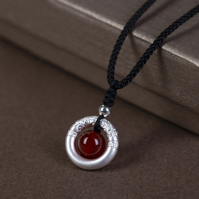 KarmaRipple's 999 Sterling Silver Red Agate Peace Buckle Blessing Pendant Necklace p1