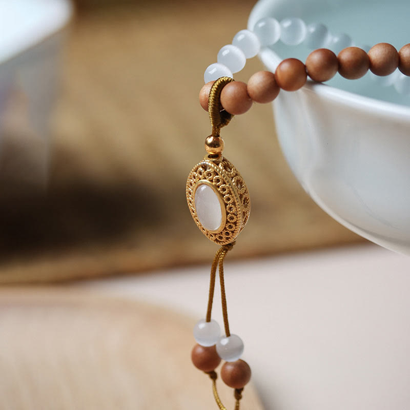 KarmaRipple's Sandalwood Cat's Eye Three-eyed Dzi Bead Gemstone Protectioin Bracelet p9