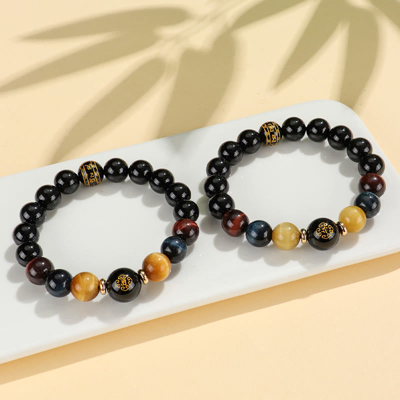 KarmaRipple's Black Onyx Tiger Eye Om Mani Padme Hum Chinese Zodiac Natal Buddha Support Bracelet p24