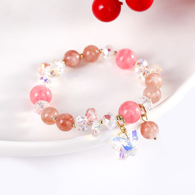 KarmaRipple's Strawberry Quartz Ivory Gemstone Pink Gemstone Butterfly Love Bracelet p15