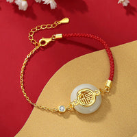 KarmaRipple's 925 Sterling Silver Hetian Jade Peace Buckle Fu Character Year Of Snake Red String Protection Woven Bracelet