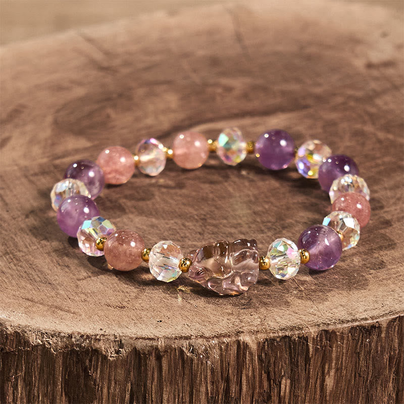 KarmaRipple's Amethyst Strawberry Quartz Ivory Gemstone Nine Tailed Fox Meditation Bracelet p2