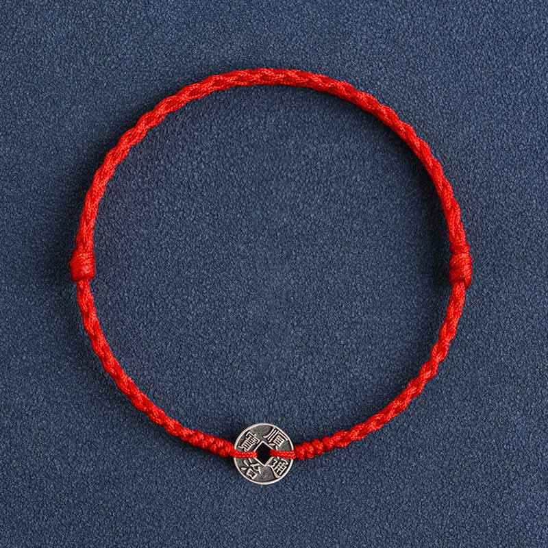 KarmaRipple's 925 Sterling Silver Five Emperor Coins Red String Protection Fortune Woven Bracelet Anklet p22