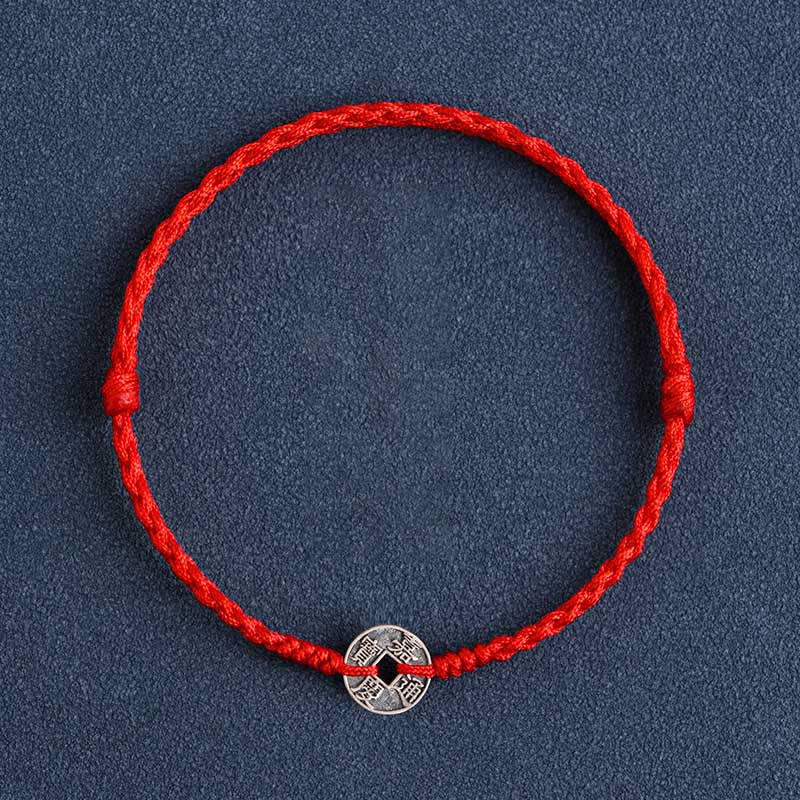 KarmaRipple's 925 Sterling Silver Five Emperor Coins Red String Protection Fortune Woven Bracelet Anklet p28