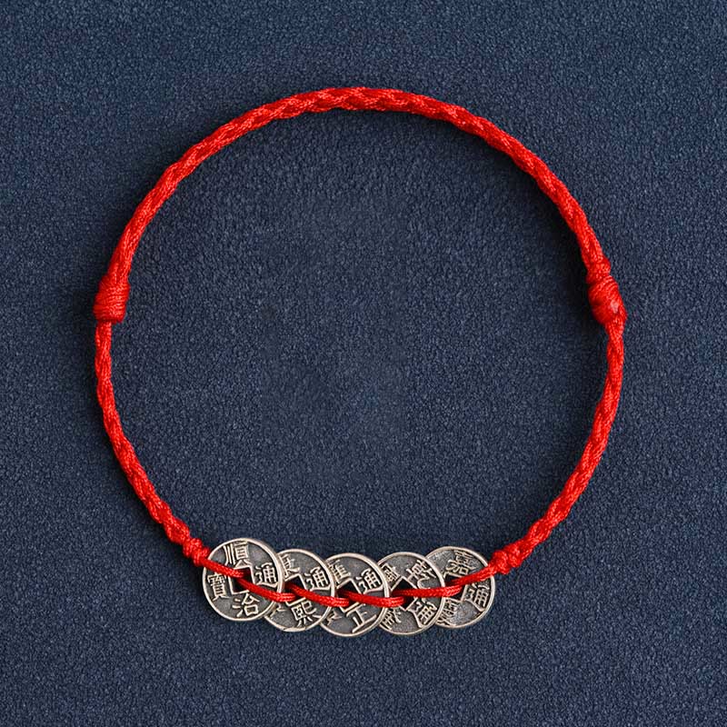 KarmaRipple's 925 Sterling Silver Five Emperor Coins Red String Protection Fortune Woven Bracelet Anklet p6