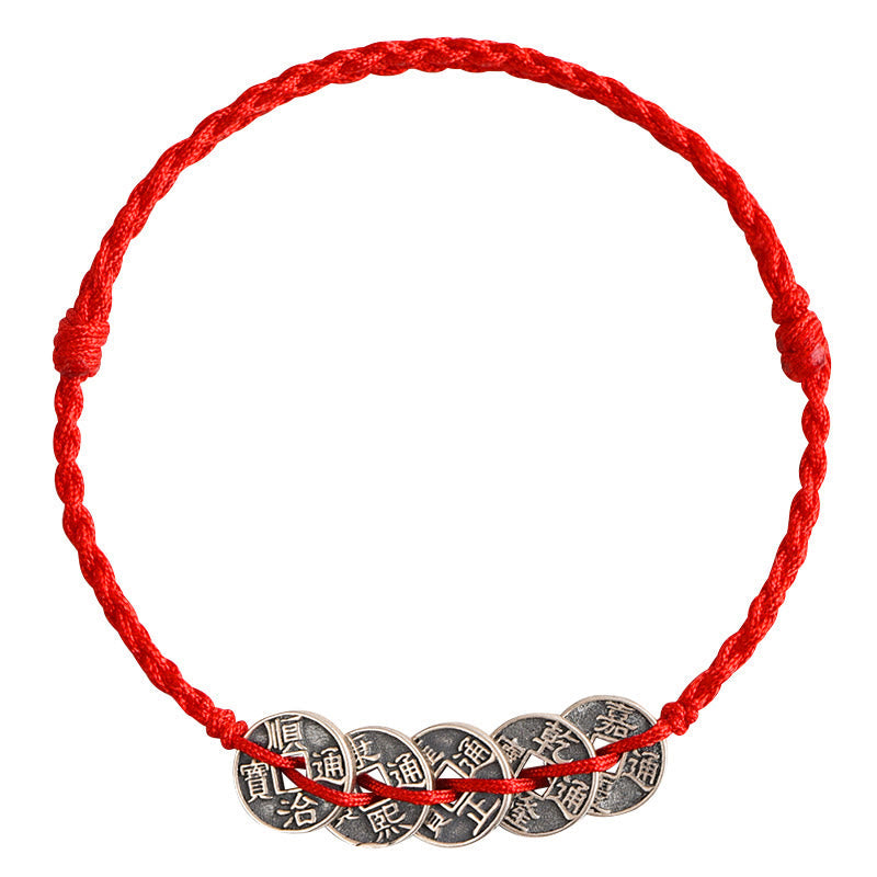 KarmaRipple's 925 Sterling Silver Five Emperor Coins Red String Protection Fortune Woven Bracelet Anklet p17