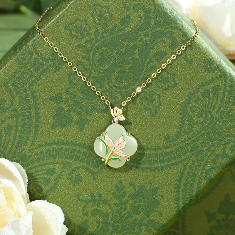 KarmaRipple's 925 Sterling Silver Magnolia Butterfly Hetian Jade Four Leaf Clover Blessing Earrings Pendant Necklace p1
