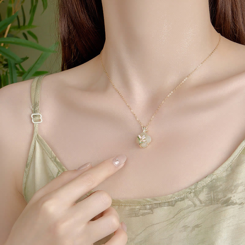 KarmaRipple's 925 Sterling Silver Magnolia Butterfly Hetian Jade Four Leaf Clover Blessing Earrings Pendant Necklace p7