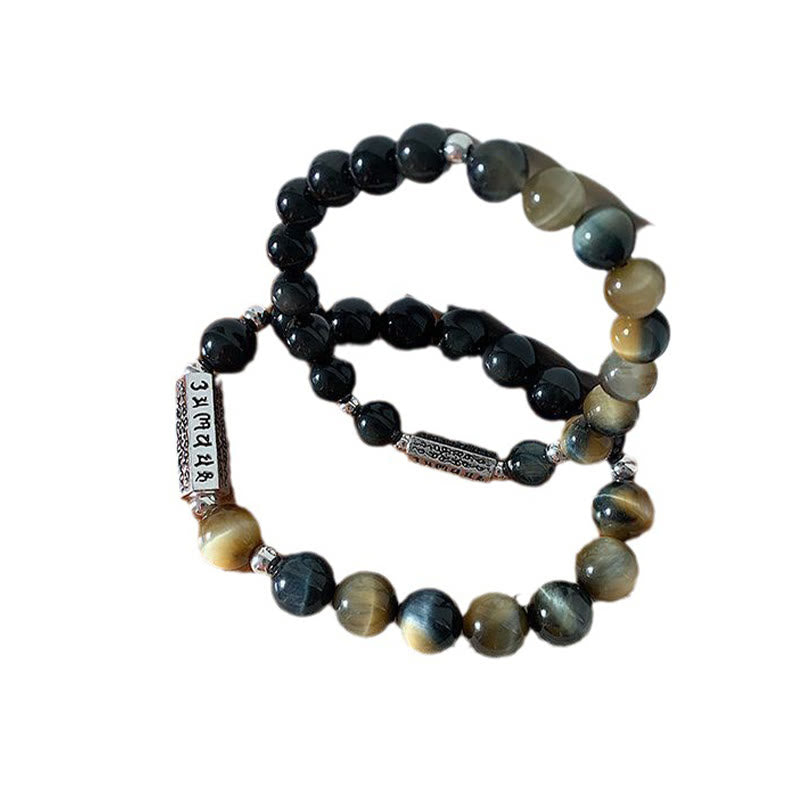 KarmaRipple's Authentic Black Obsidian Tiger's Eye Six True Words 'om Mani Padme Hum' Strength Love Bracelet p10