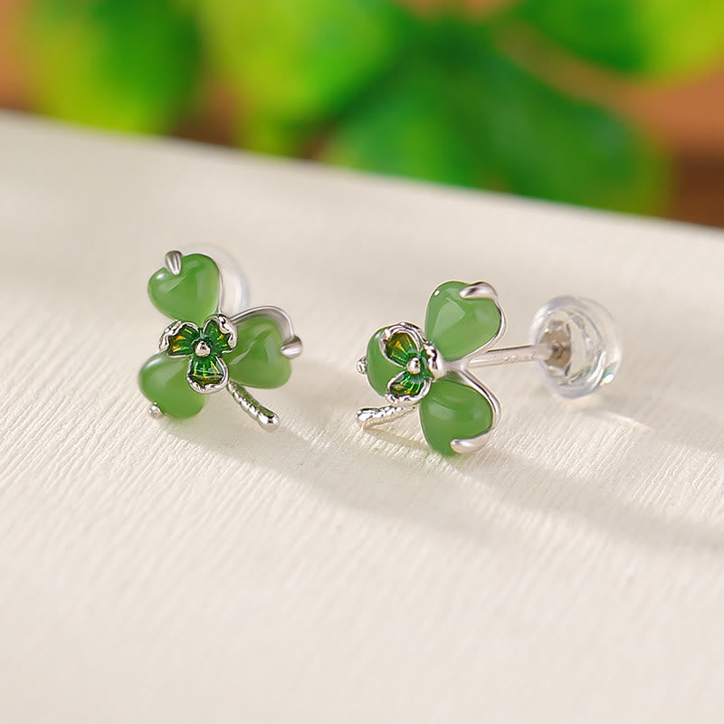 KarmaRipple's 925 Sterling Silver Enamel Hetian Jade Shamrock Fortune Earrings p2