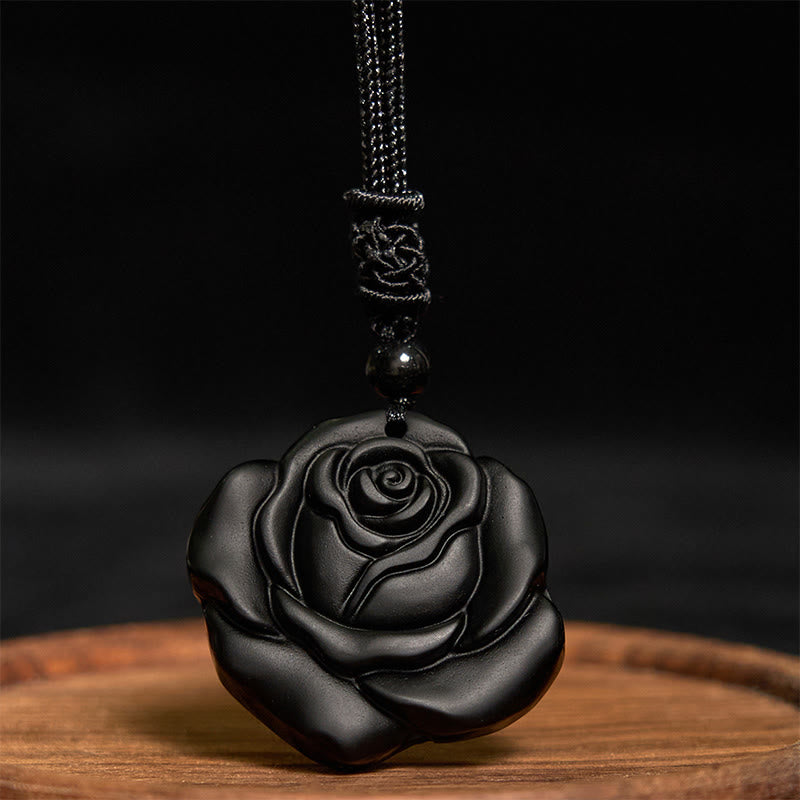 KarmaRipple's Black Obsidian String Black Rose Purification Pendant Necklace p10