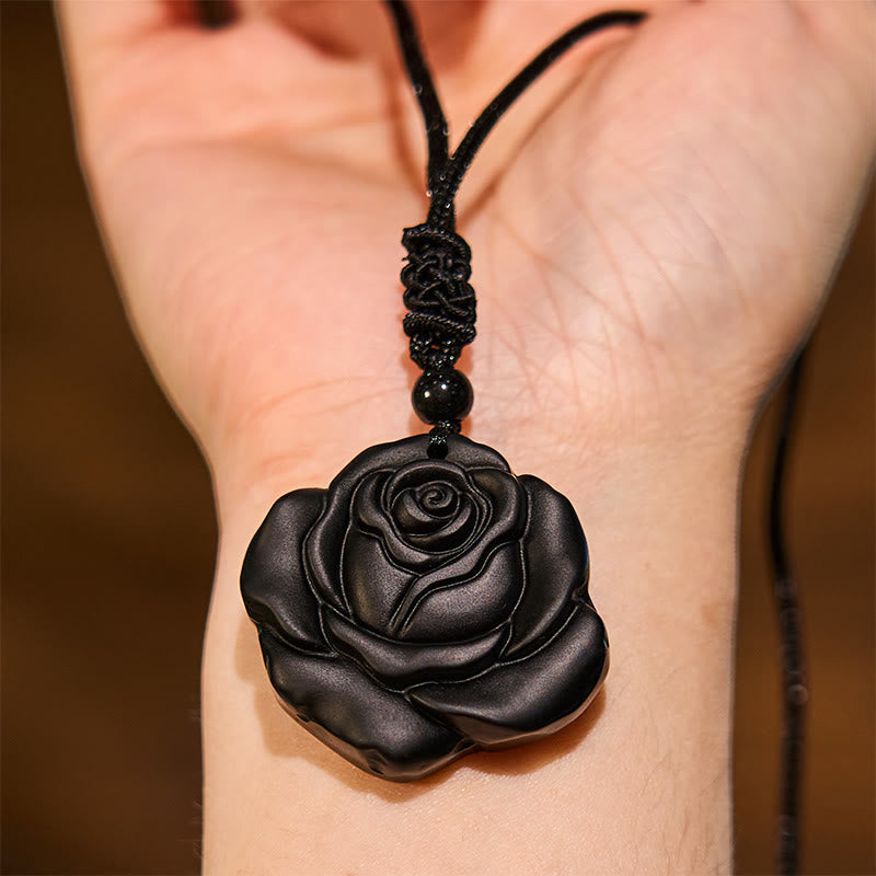 KarmaRipple's Black Obsidian String Black Rose Purification Pendant Necklace p5