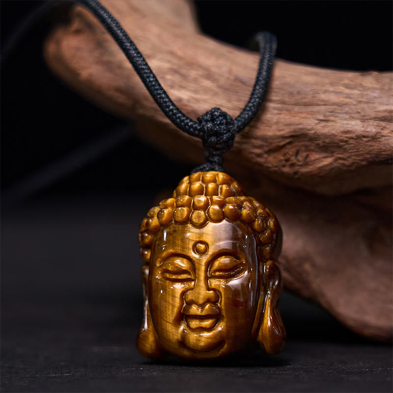 KarmaRipple's Tiger Eye String Buddha Head Courage Pendant Necklace p1