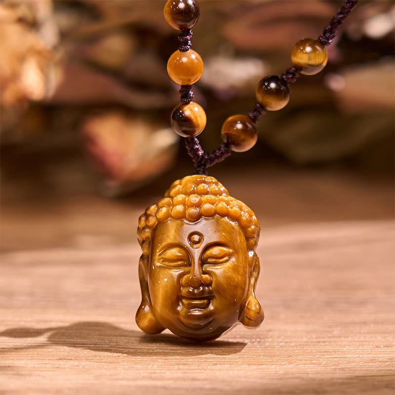 KarmaRipple's Tiger Eye String Buddha Head Courage Pendant Necklace p13