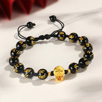 KarmaRipple's Red Agate Black Onyx Bead Bronze Year Of The Snake Fu Character Om Mani Padme Hum Happiness Bracelet