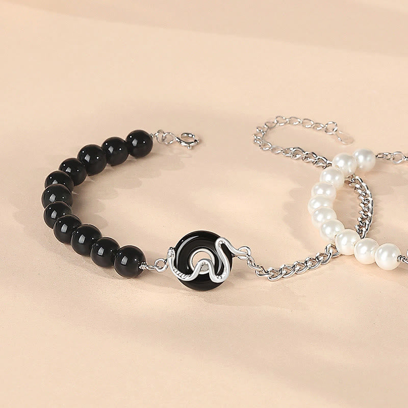 KarmaRipple's Black Obsidian Black Onyx Chalcedony Peace Buckle 925 Sterling Silver Year Of The Snake Pearl Purification Couple's Bracelet p1