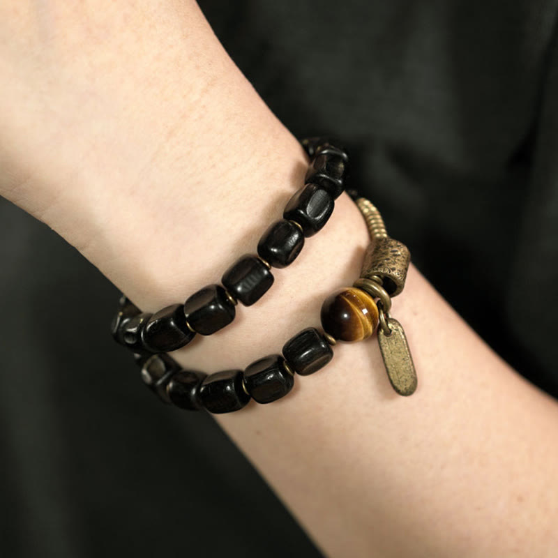 KarmaRipple's Ebony Wood Bronze Brass Tiger Eye Peace Double Wrap Bracelet p4