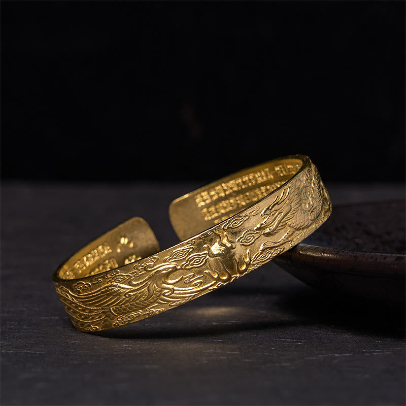 KarmaRipple's Dragon And Phoenix Playing With A Pearl Heart Sutra Carved Bronze Brass Fortune Bracelet Bangle p2