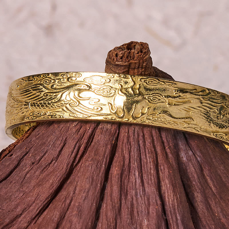 KarmaRipple's Dragon And Phoenix Playing With A Pearl Heart Sutra Carved Bronze Brass Fortune Bracelet Bangle p11