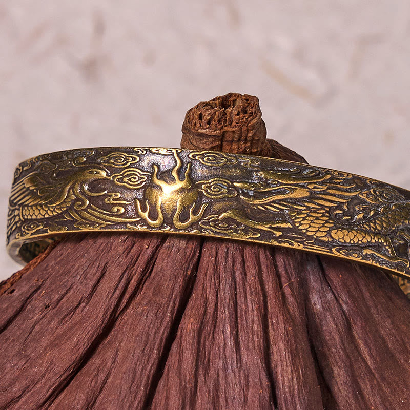 KarmaRipple's Dragon And Phoenix Playing With A Pearl Heart Sutra Carved Bronze Brass Fortune Bracelet Bangle p5
