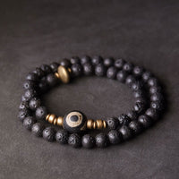 KarmaRipple's Vintage Lava Rock Three-eyed Dzi Bead Bronze Brass Beadwork Double Wrap Balancing Bracelet