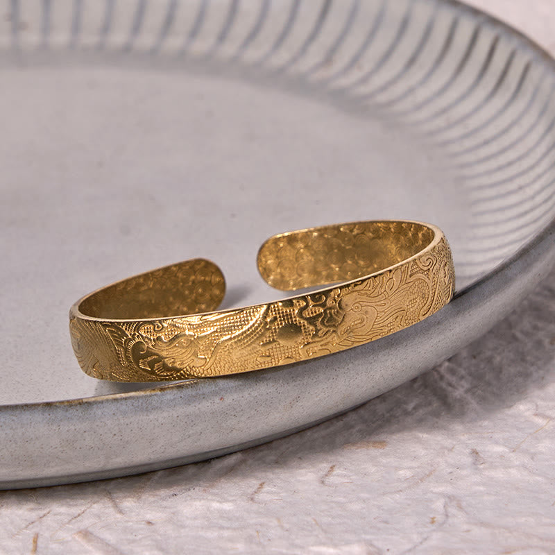 KarmaRipple's Dragon And Phoenix Playing With A Pearl Carved Bronze Brass Fortune Protection Bracelet Bangle p10