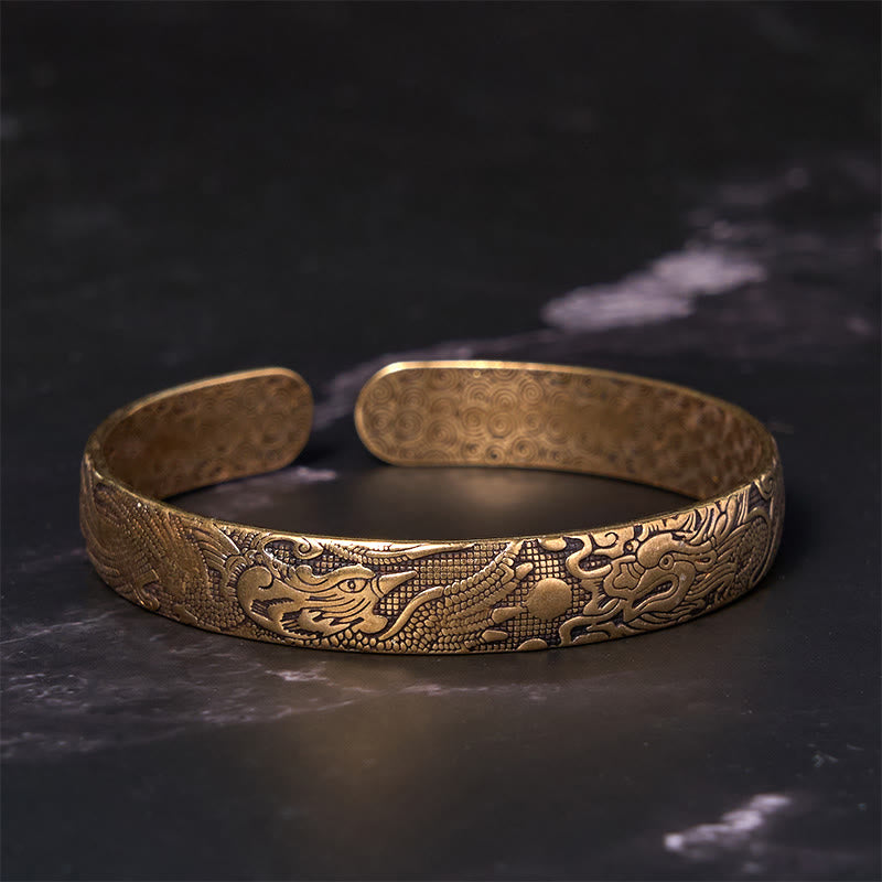 KarmaRipple's Dragon And Phoenix Playing With A Pearl Carved Bronze Brass Fortune Protection Bracelet Bangle p3