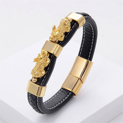 KarmaRipple's Double PiXiu Wealth Fortune Leather Magnetic Buckle Bracelet