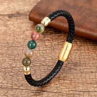 KarmaRipple's Blue Agate Tiger Eye Lava Rock Black Onyx Lazurite Bead Protection Leather Bracelet