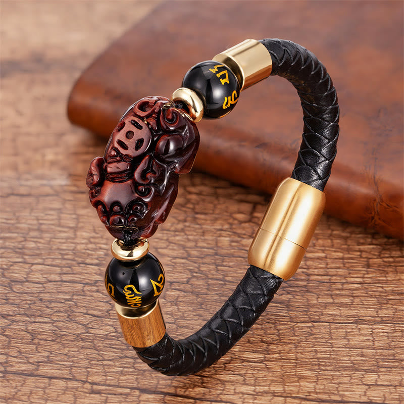 KarmaRipple's Tiger Eye Black Onyx Red Agate PiXiu Bronze Coin Om Mani Padme Hum Strength Leather Bracelet p26