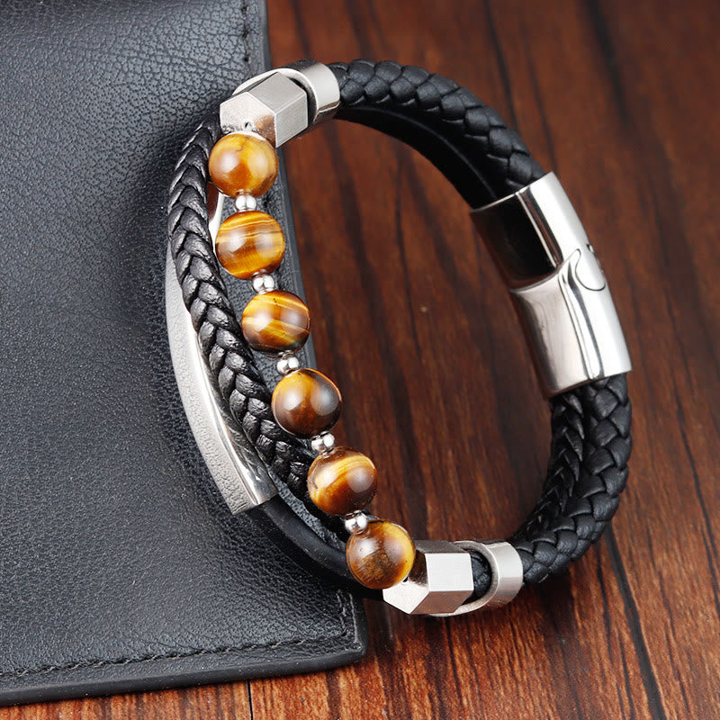 KarmaRipple's Tiger Eye Bead Multi-layered Grounding Leather Buckle Bracelet p1