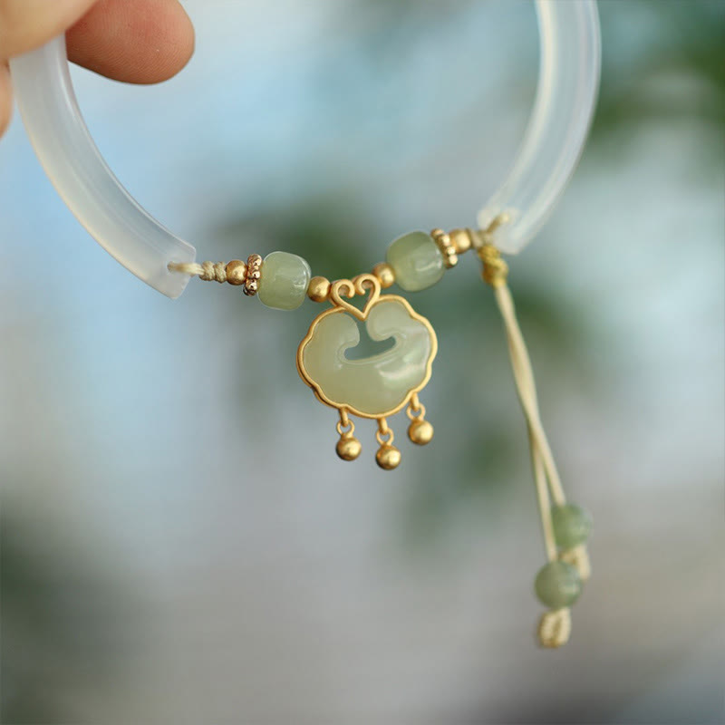 KarmaRipple's Chalcedony Hetian Jade 925 Sterling Silver Auspicious Cloud Ruyi Lock Balance Cuff Half Bracelet Bangle p4