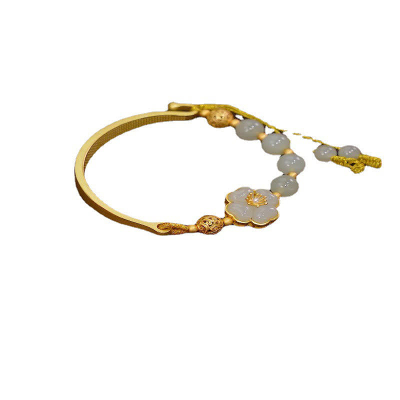 KarmaRipple's Hetian Jade 925 Sterling Silver Flower Fortune Cuff Half Bracelet Bangle p4