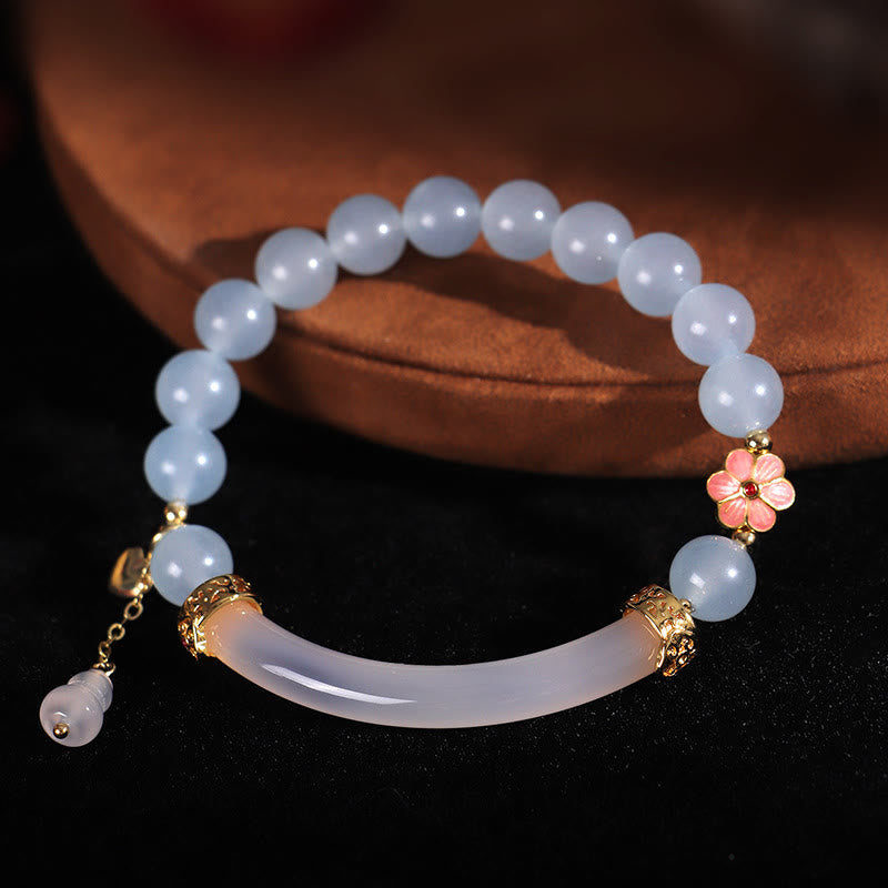 KarmaRipple's Pink Gemstone Blue Chalcedony Pearl Cuff Half Bracelet Bangle p10