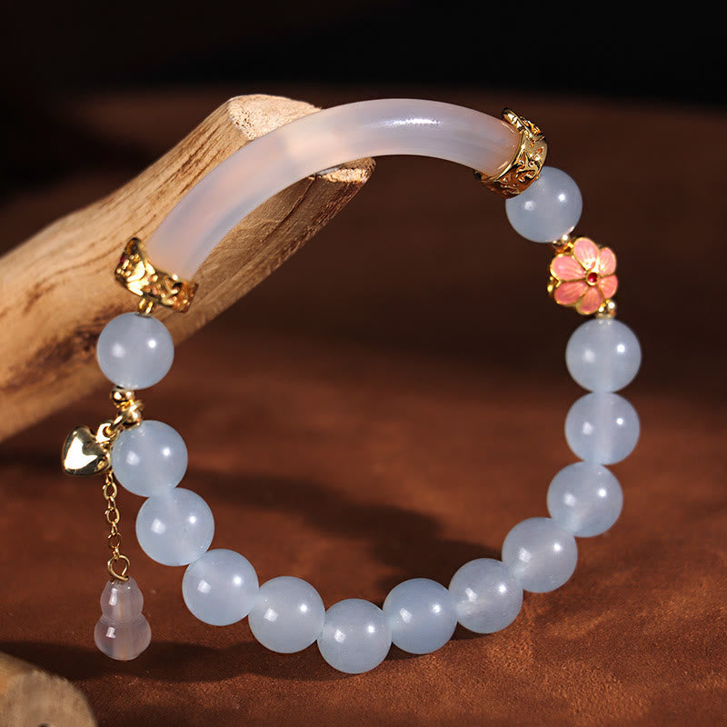 KarmaRipple's Pink Gemstone Blue Chalcedony Pearl Cuff Half Bracelet Bangle p2