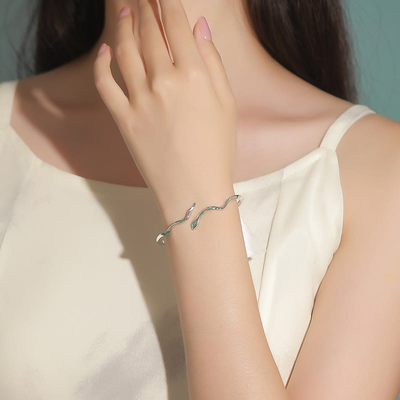 KarmaRipple's 925 Sterling Silver Green Snake Enamel Craft Year Of The Snake Calm Cuff Bracelet Bangle p5