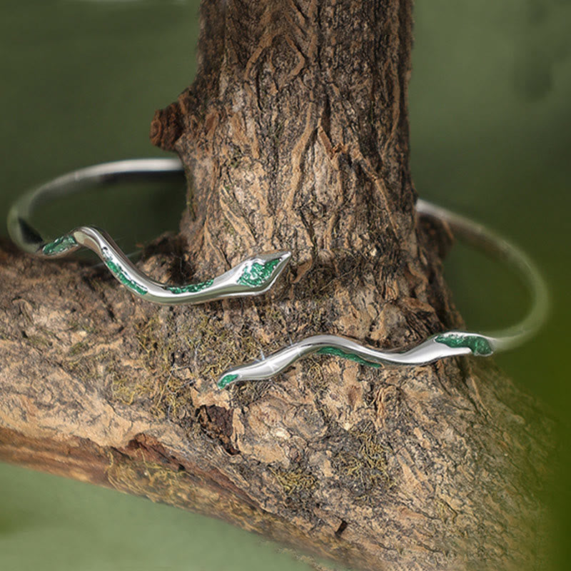 KarmaRipple's 925 Sterling Silver Green Snake Enamel Craft Year Of The Snake Calm Cuff Bracelet Bangle p2