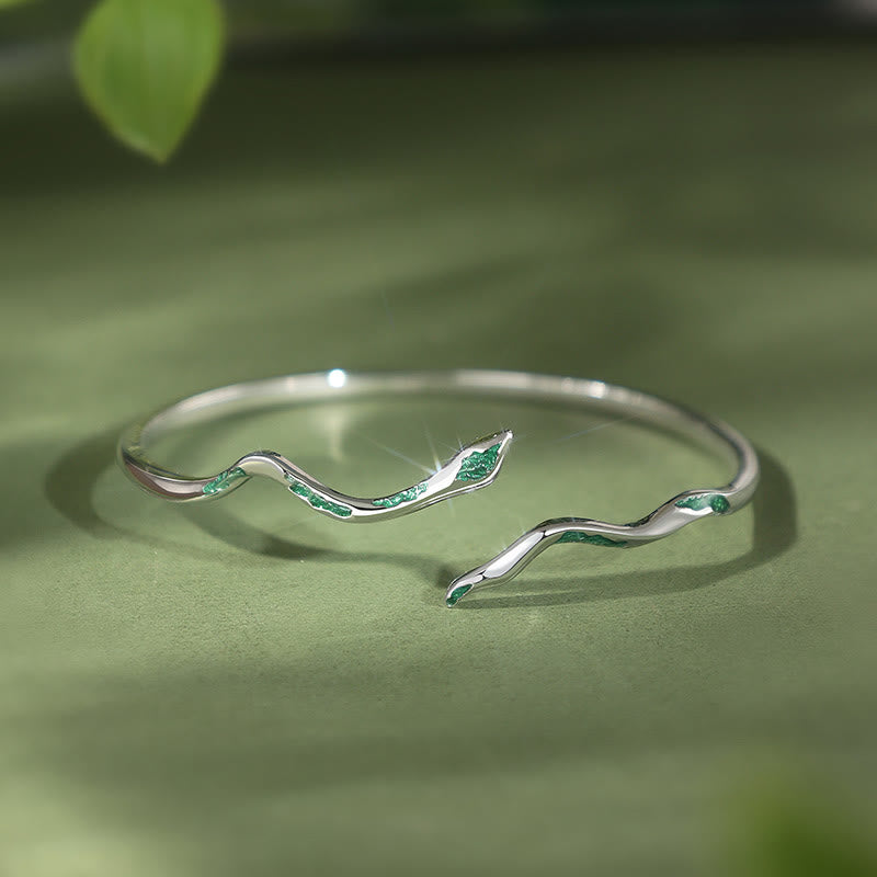 KarmaRipple's 925 Sterling Silver Green Snake Enamel Craft Year Of The Snake Calm Cuff Bracelet Bangle p3