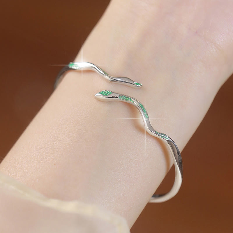 KarmaRipple's 925 Sterling Silver Green Snake Enamel Craft Year Of The Snake Calm Cuff Bracelet Bangle p9