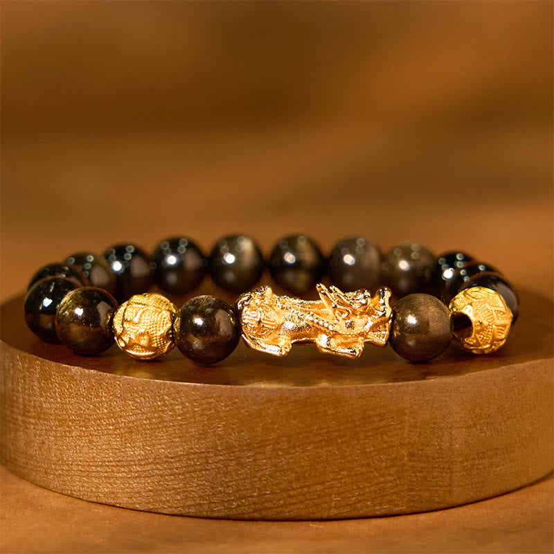 KarmaRipple's Authentic Gold Sheen Obsidian PiXiu Om Mani Padme Hum Wealth Bracelet p12