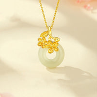 KarmaRipple's Hetian Jade 999 Sterling Silver Peace Buckle Peach Blossom Pendant Necklace