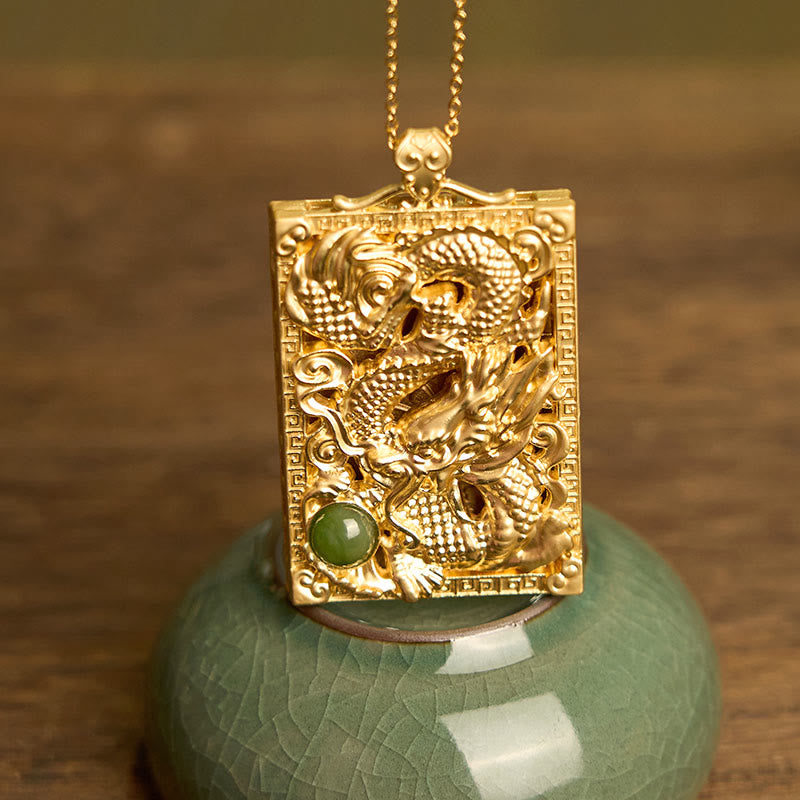 KarmaRipple's Dragon Gold Plated Bronze Hetian Jade Strength Pendant Necklace p2