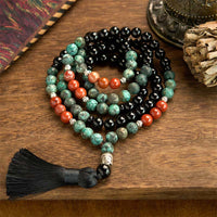 KarmaRipple's 108 Mala Authentic Black Onyx Red Jasper Turquoise Beadwork Buddha Head Tassel Protection Bracelet
