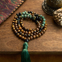 KarmaRipple's 108 Mala Authentic Stone Tiger Eye Turquoise Beadwork Tassel Protection Bracelet