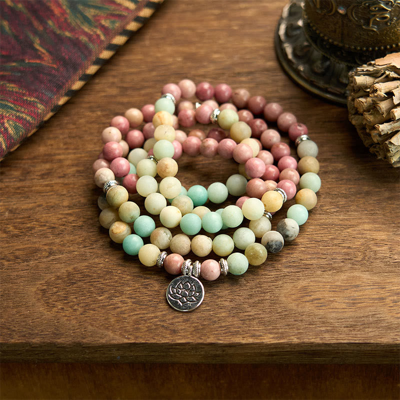 KarmaRipple's 108 Mala Rhodonite Amazonite Beadwork Lotus Compassion Bracelet p1