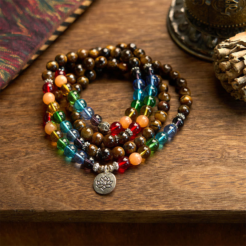 KarmaRipple's 108 Mala Beadwork Authentic Stone Tiger Eye Colored Beadwork Lotus Protection Bracelet p5