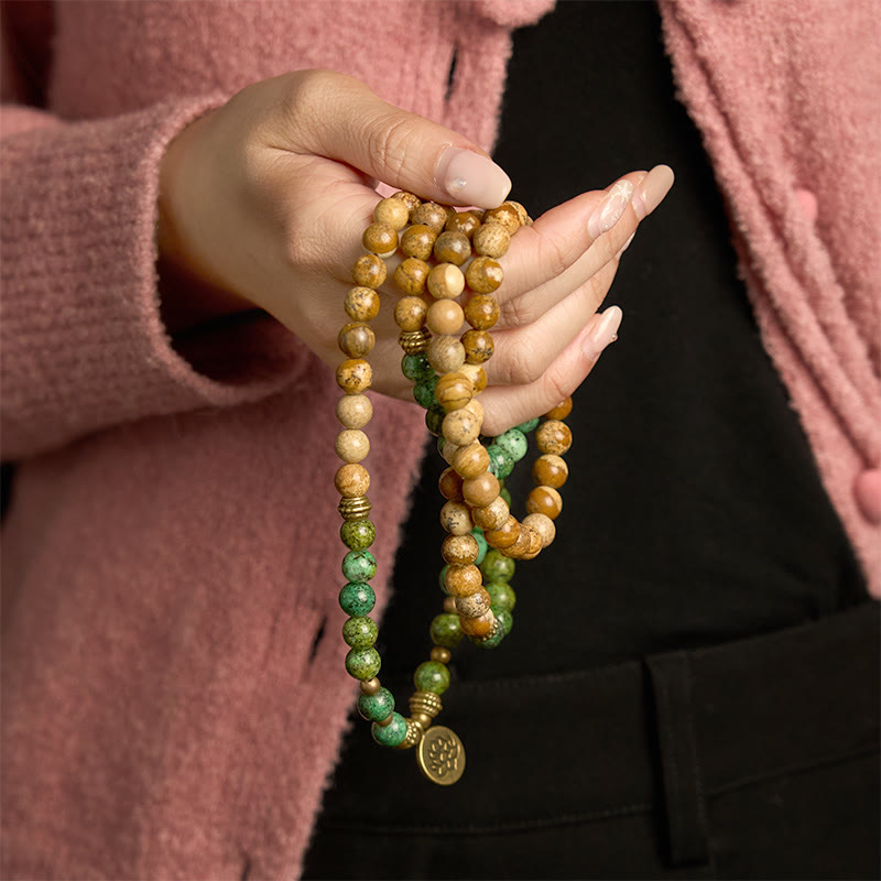 KarmaRipple's 108 Mala Beadwork Authentic Stone Picture Jasper Turquoise Lotus Positive Bracelet p3