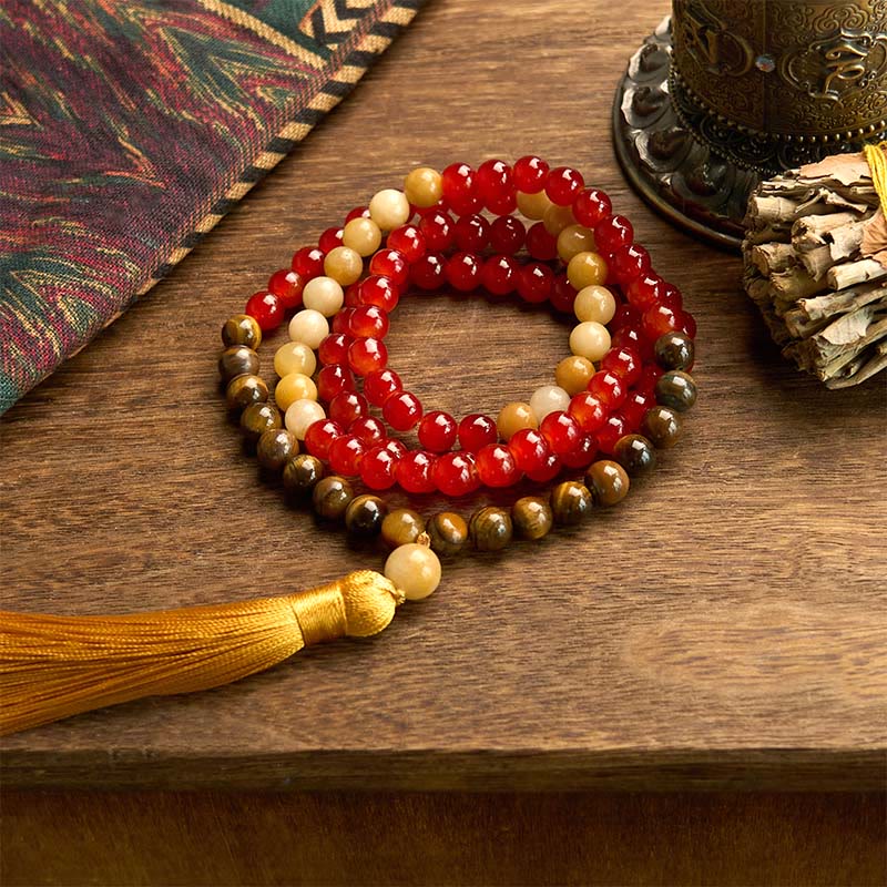 KarmaRipple's 108 Mala Beadwork Red Agate Tiger Eye Yellow Tassel Calm Bracelet p10