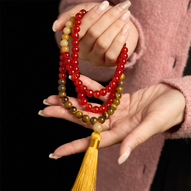 KarmaRipple's 108 Mala Beadwork Red Agate Tiger Eye Yellow Tassel Calm Bracelet p4