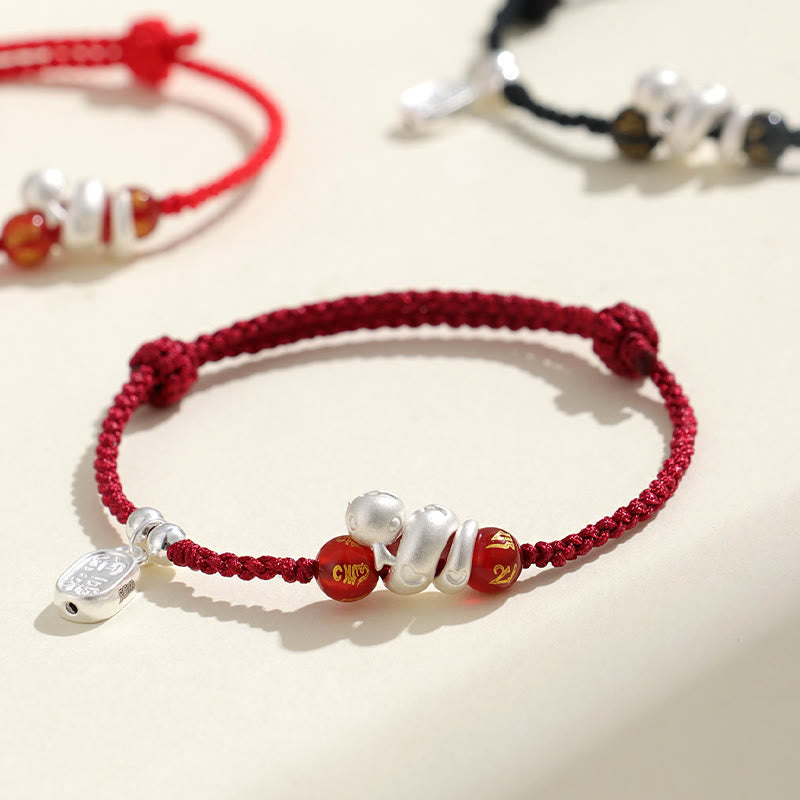 KarmaRipple's 999 Sterling Silver Year Of The Snake Red Agate Black Onyx Fortunate Fortune Six True Words Happiness Woven Bracelet p4